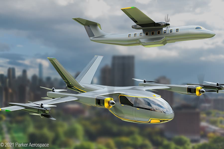 Jet flying next to all-electric prototype plane